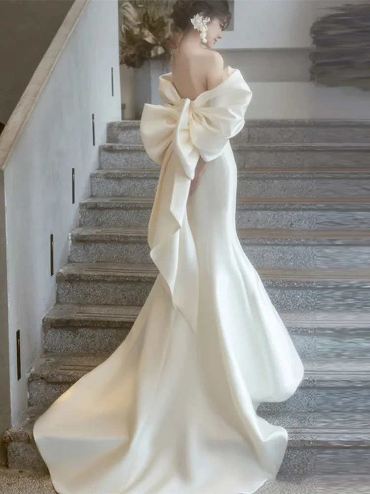 

Satin Wedding Dress Romantic Elegant Bridal Feel Slim Straight Shoulder 2023 New Fairy Style Simple Fish Tail Formal Light