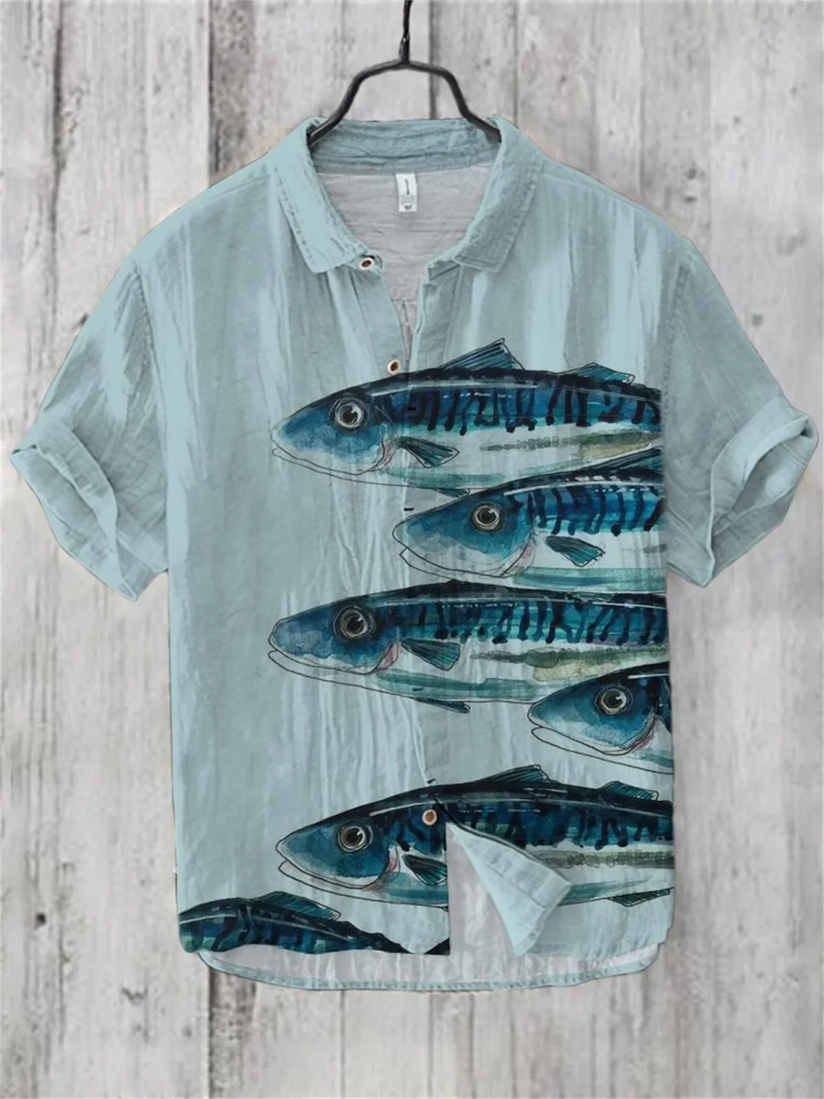 Men's Hawaiian Style Retro Fish Print Short Sleeved Shirt, Casual Linen Top, Loose and Breathable, Fashionable 4