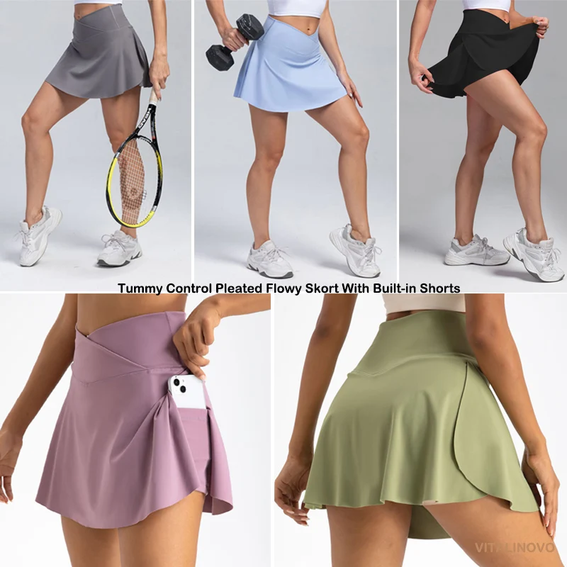 VITALINOVO Women's High Waisted Crossover Tennis Skirts Tummy Control Pleated Golf Skorts Skirts for Women with Shorts Pockets