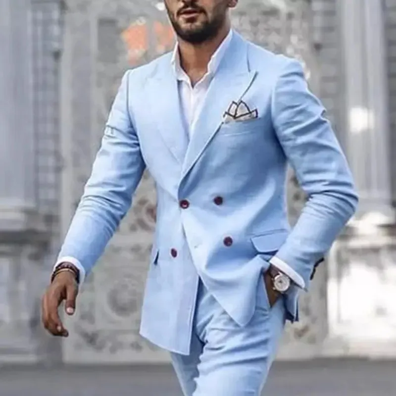 

2023 Sky Blue Double Breasted Wedding Suits Men Groom Tuxedo Formal Set Slim Fit Blazers Male Suit Costume Homme Two Piece