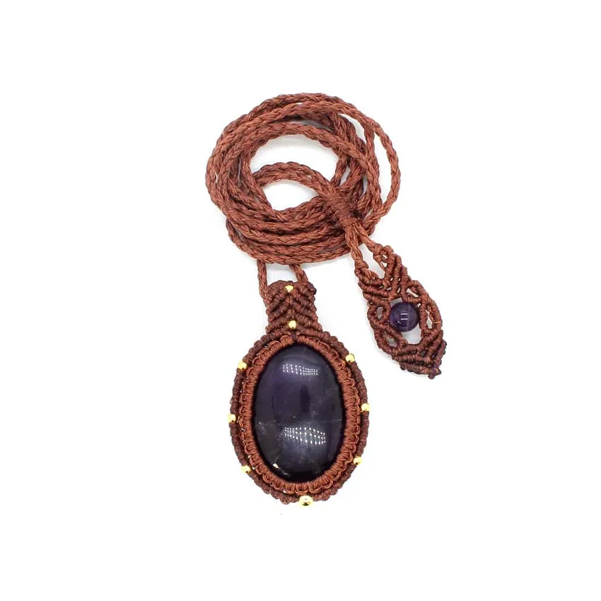 Crystal Braided Pendant Necklace for Women Natural Amethyst Black Agate Opal Stone Handmade Thread Wrapped Macrame Chain Jewelry