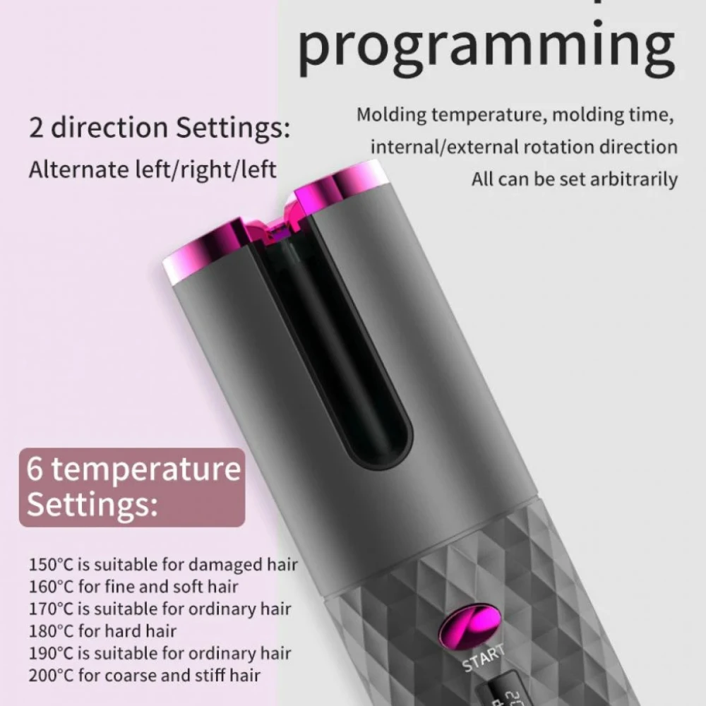 AONEZ Auto Rotating USB-C Cordless Hair Curler Adjustable Temp Time Fast Heat Curling Iron for Effortless Styling Travel Home