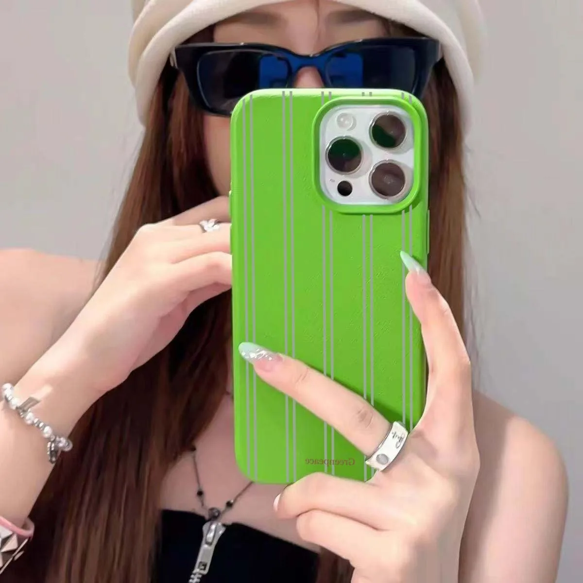 Green Stripe Lichee Pattern Shockproof Phone Case with Silicone Cover