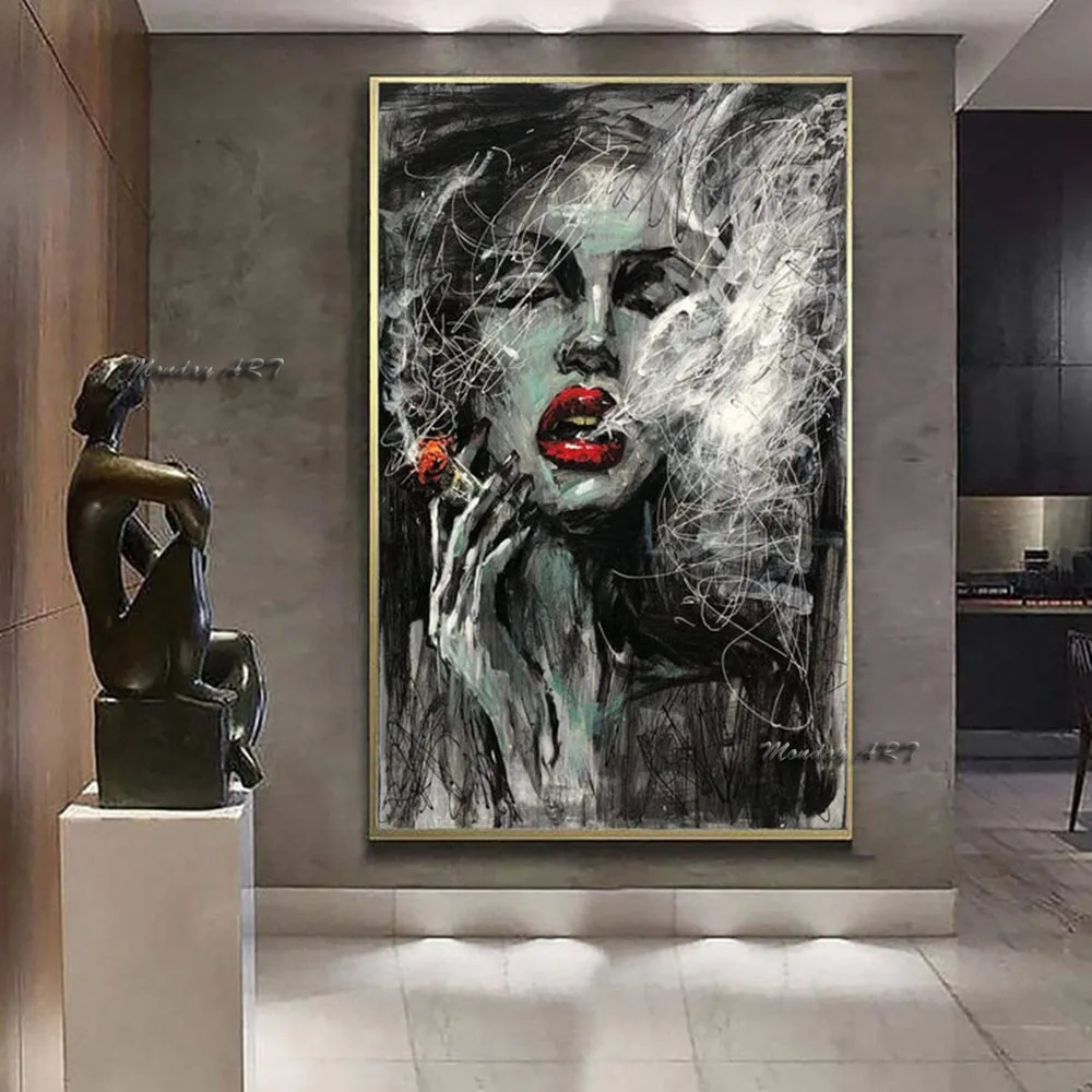 

Large Original Abstract Oil Painting Smoking Woman Wall Art On Canvas Sexy Woman Painting Abstract Wall Art