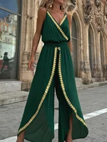 Women's Casual Purple Jumpsuit Gold Embellished Wrap Neck Split Legs High Waist Great for Bohemian Trips City Walks - Image 5