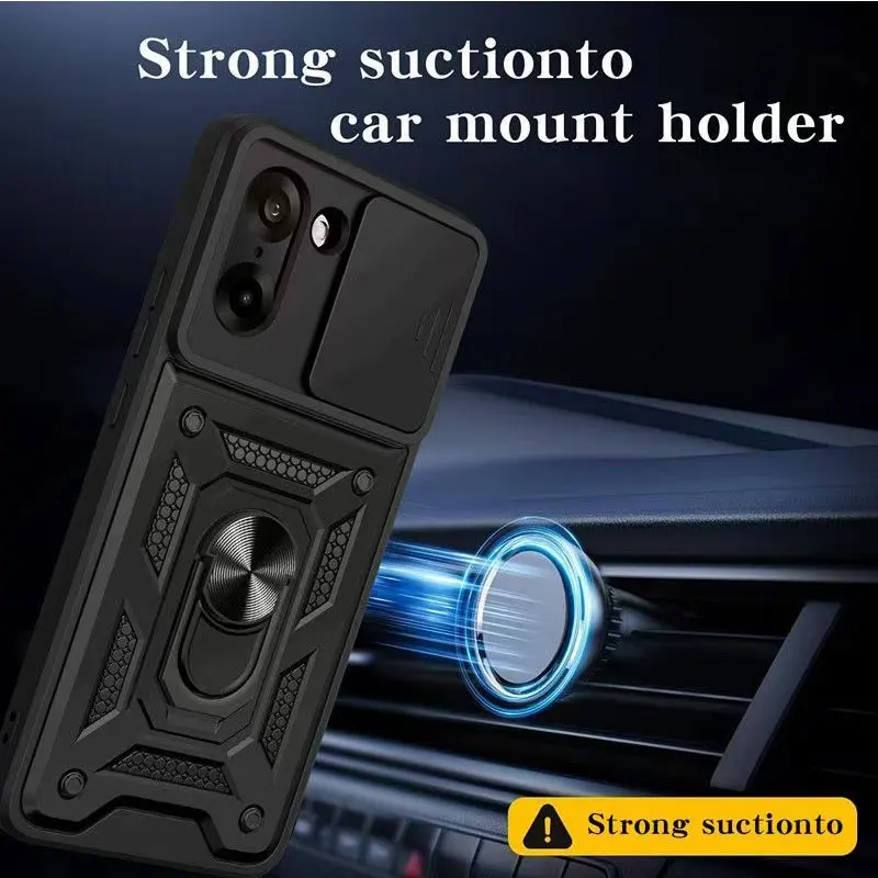 Slide Lens Cover with Magnetic Ring Stand Holder - Shockproof Armor Protection Phone Case