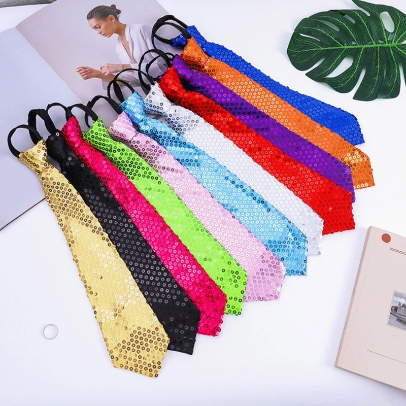 

Men Women Shining Sequins Tie Stage Glitter Paillette Adjustable Zipper Closure Necktie Fashion Party Pre-Tied Neck Wear