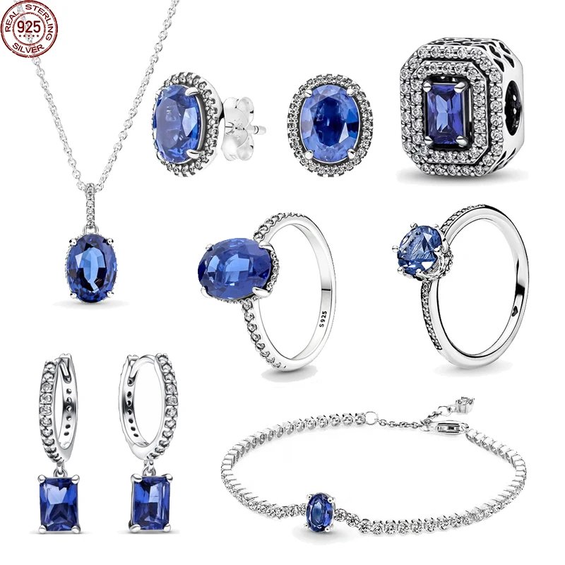 

2023 New 925 Sterling Silver Temperament Women's Classic Blue Zircon Jewelry Set Charm Necklace DIY Gift