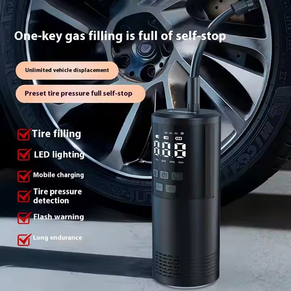 80W high-speed inflatable car pump with digital tire pressure monitoring and LED lighting/USB charging, suitable for cars