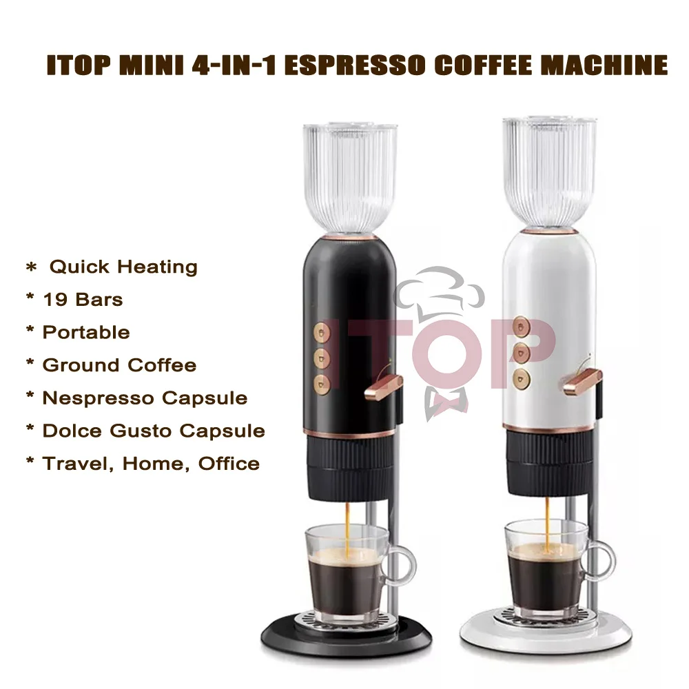 Itop Mini 4-In-1 Macchina Per Caffè Espresso A Riscaldamento Rapido 19 Bar Per Caffè Macinato, Capsule Nespresso, Capsule Dolce Gusto, Tè