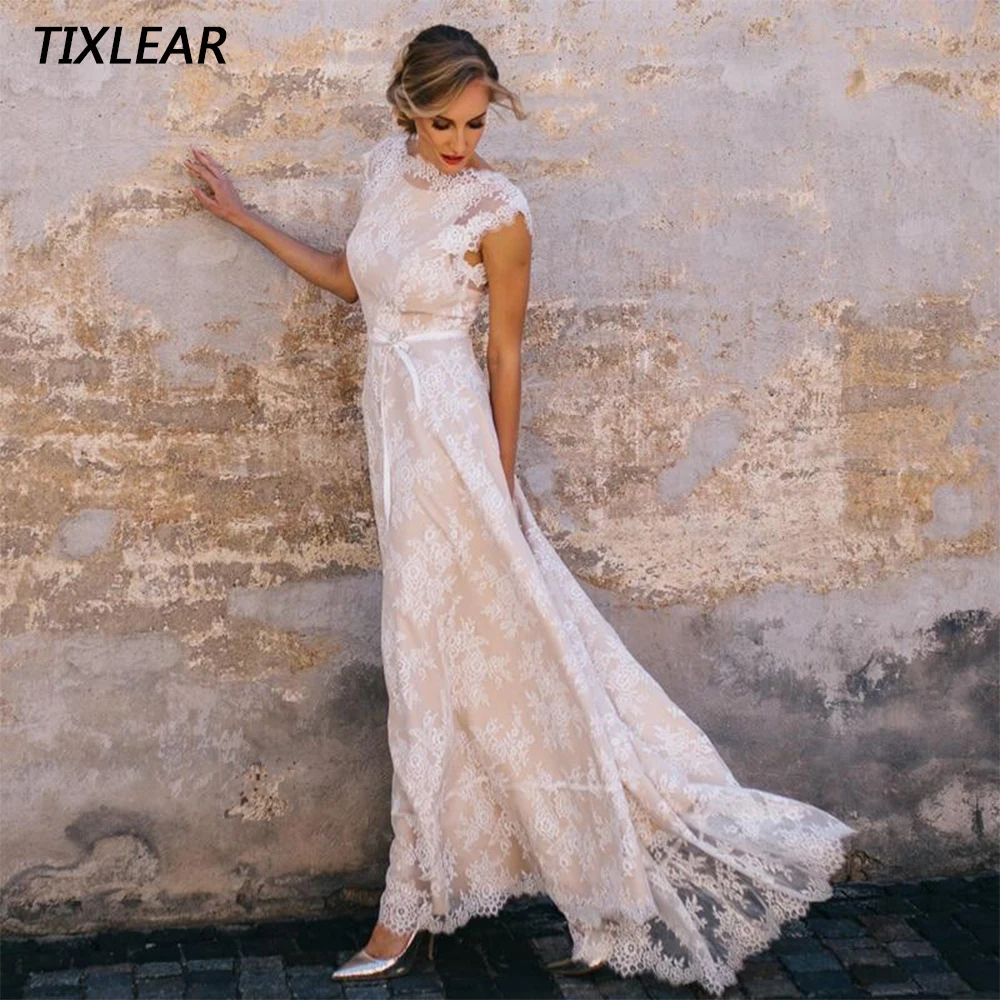 

TIXLEAR Boho Wedding Dresses With Belt Boat Neck Cap Sleeve Backless Zipper Bridal Gowns A-Line Sweep Train Vestido De Novia New