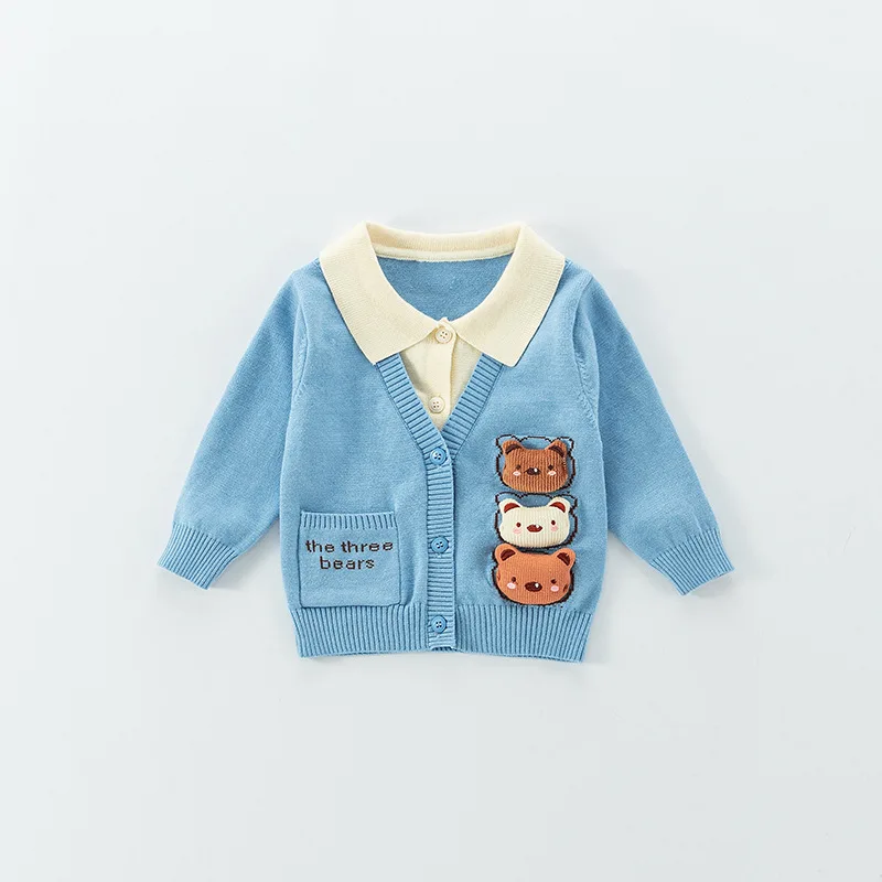 New 0-3 Year Spring Autumn Infant Boys Cardigan Fake Two Pieces Patched Cartoon Bear Newborn Boys Sweater Stylish Baby Coat