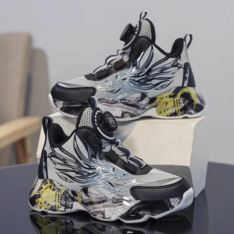 New Boys Basketball Shoes High-Top Mesh Sport Sneakers with Rotating Button, Breathable & Shock-Absorbing Running Shoes for Kids 3