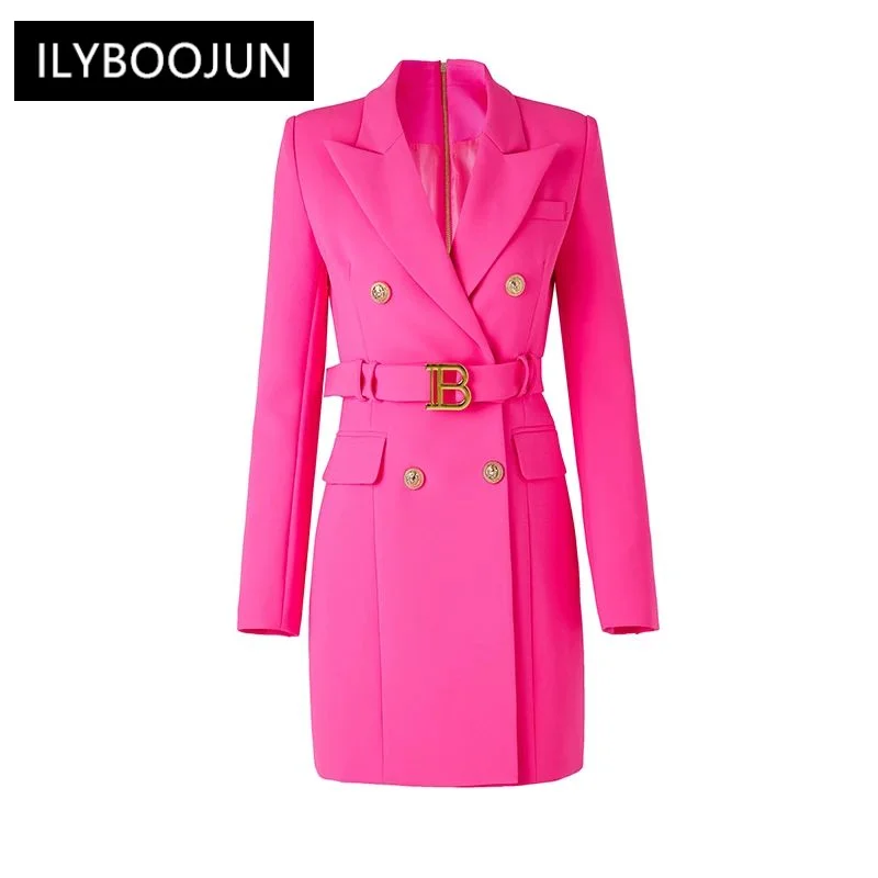 

Lion Gold Buttons Top Quality Brand Office Blazer Dress Women Elegant Long Sleeve With Belt Luxury Designer Runway Winter Coats