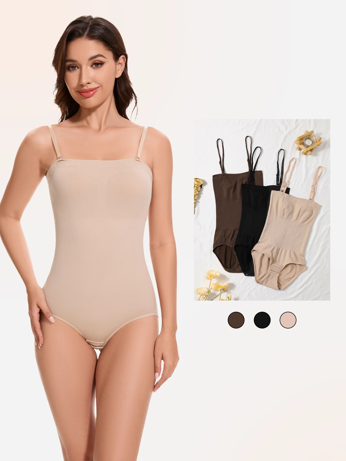 Women Shapewear Detachable Shoulder Strap Compression Slimming Bodysuit Open Crotch Tummy Control Seamless Smooth Shaper Panties
