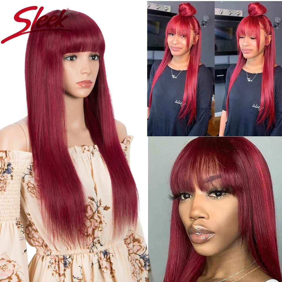 

Sleek Red Human Hair Wigs 28 Inch Long Straight Hair Wig With Bangs For Women Colored Brazilian Hair Wig Red Cosplay Bob Wig