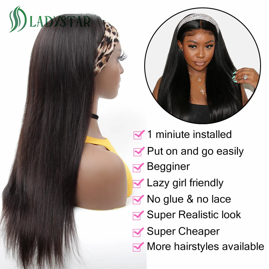 브라질 스트레이트 헤어 머리띠 가발 레미 인간의 머리 가발 여성용 스카프 가발 스트레이트 헤어 가발 머리띠 기계 제작 가발