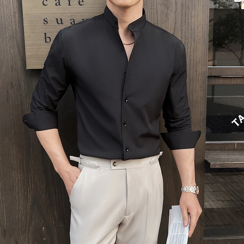 New Chinese Style Stand-Up Collar Shirt Luxury Solid Color Long