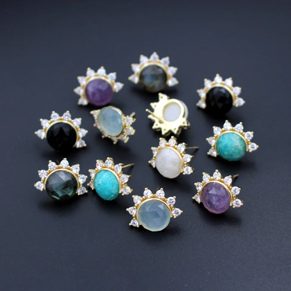 

6pair Gold Plated Stud Earrings CZ Paved Sunburst Earrings White Jade Amethyst Blue Amazonite Stone Earrings Women Jewelry