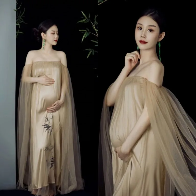 Dvotinst Women Photography Props Vintage Elegant Maternity Dresses Mesh Pregnancy Dress Studio Shooting Photoshoot Photo Clothes