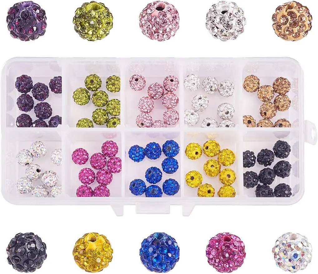 

100Pcs 8mm Pave Czech Crystal Rhinestone Disco Ball Clay Spacer Beads with 1mm Hole 10 AssortedColors Round Polymer Clay