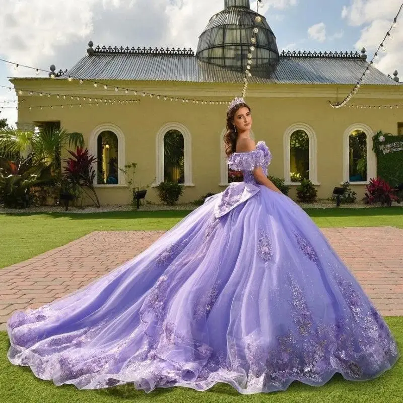 Lorencia Lavender Lilac Quinceanera Dress With Bow Lace Applique Sequins Beading Mexican Sweet 16 Vestidos De XV 15 Anos YQD434