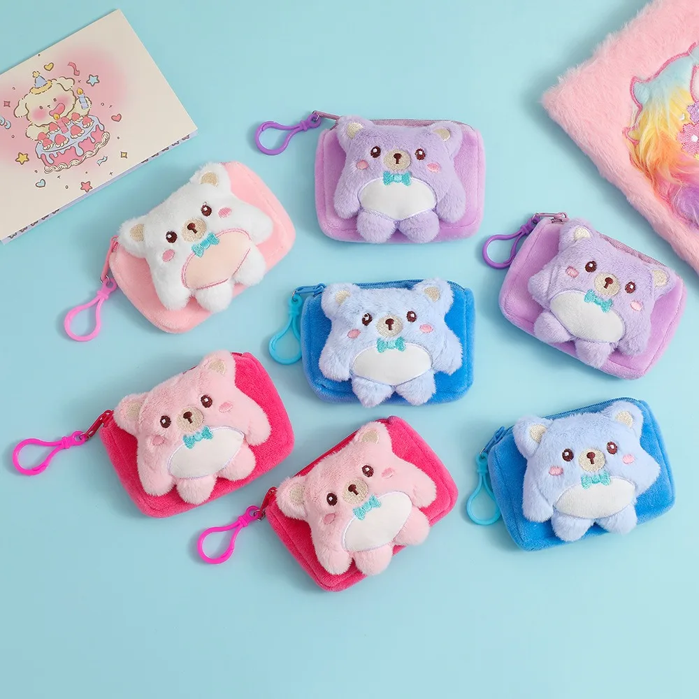 Plush Cute Bear Coin Purse Kawaii Zipper Bear Plush Small Wallet Portable Mini Cartoon Bear Plush Wallet Headphone Bag glittery starry style laser carving zipper wallet stand leather phone case for iphone 13 mini 5 4 inch purple