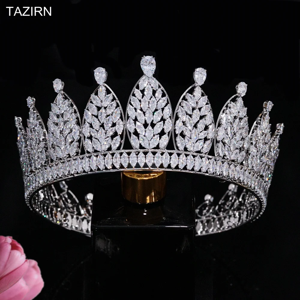 Tazirn Luxury Aaa Cubic Zirconia Full Round Wedding Crowns For Bride Handmade Zircone Princess Quinceanera Big Tiaras Headpieces