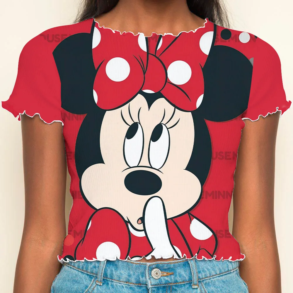 

T-shirt Summer Clothes Women 2024 Y2k Crop Tops Sexys Short Sleeve Lettuce Trim T-shirts Minnie Mouse Disney Woman Clothing Top