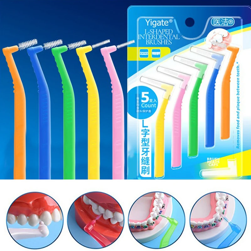 5 Pcs L-shape Interdental Brush Tooth Cleaning Tool Curved Toothbrush Correction Tooth Gap Dental Floss Oral Hygiene Care