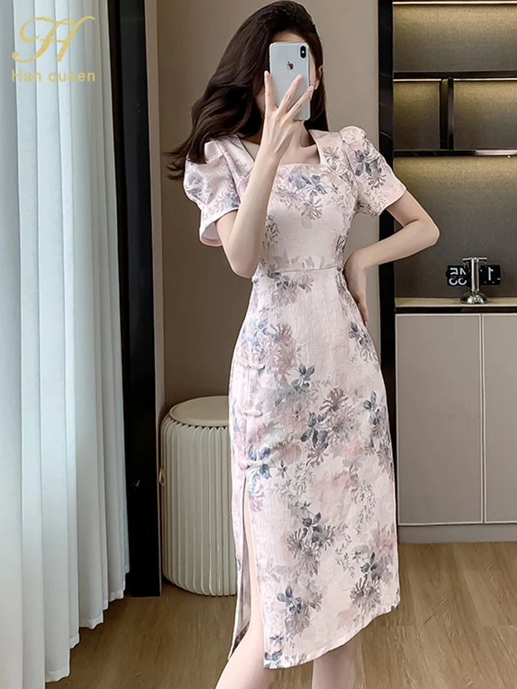 

H Han Queen 2024 New Elegant Summer Prints Midi Dress Women Puff Sleeve Sheath Woman Clothing Simple Slim Party Casual Vestidos