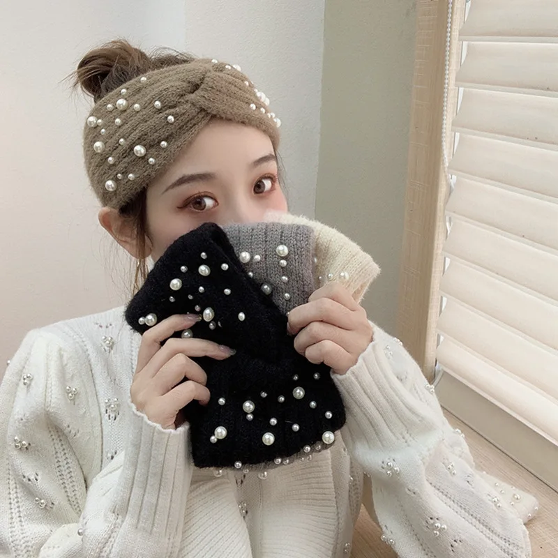 

New Wide Cross Pearl Knitting Headbands for Woman Hairband Elastic Sports Headwear Girls Hair Band Hair Accessories Korean Style