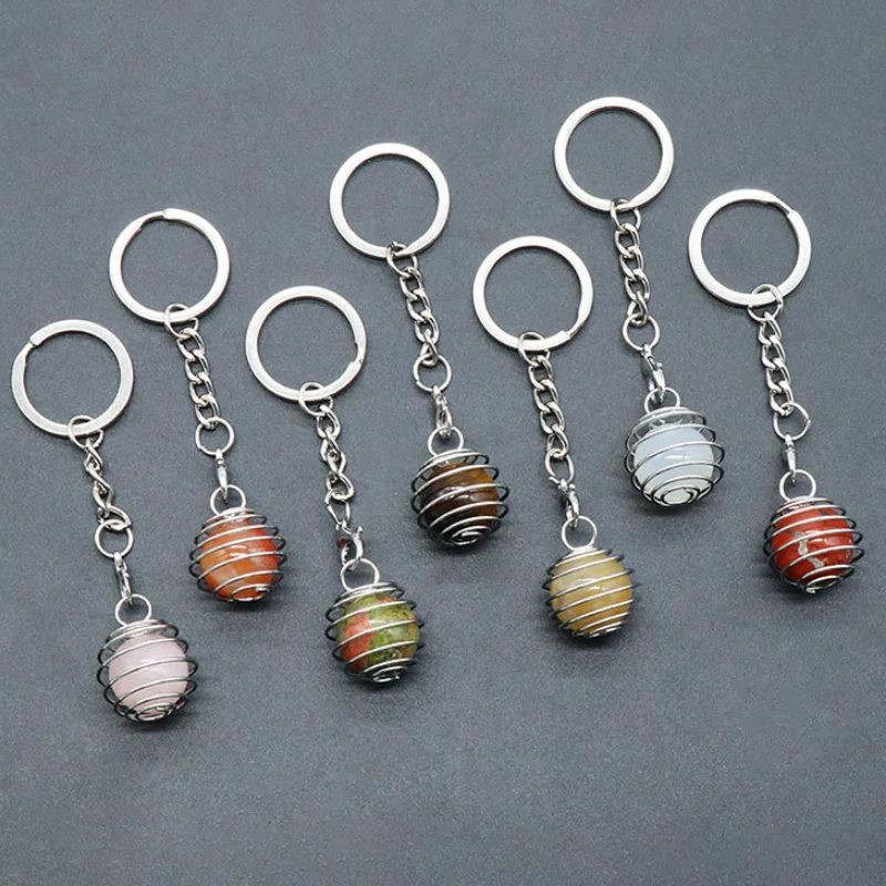 12pcs Lantern Spring Net Bag Hold Natural Stone Key Rings 16mm Ball Rose Aventurine Quartz Crystal Agates Keychains Pendant Bulk