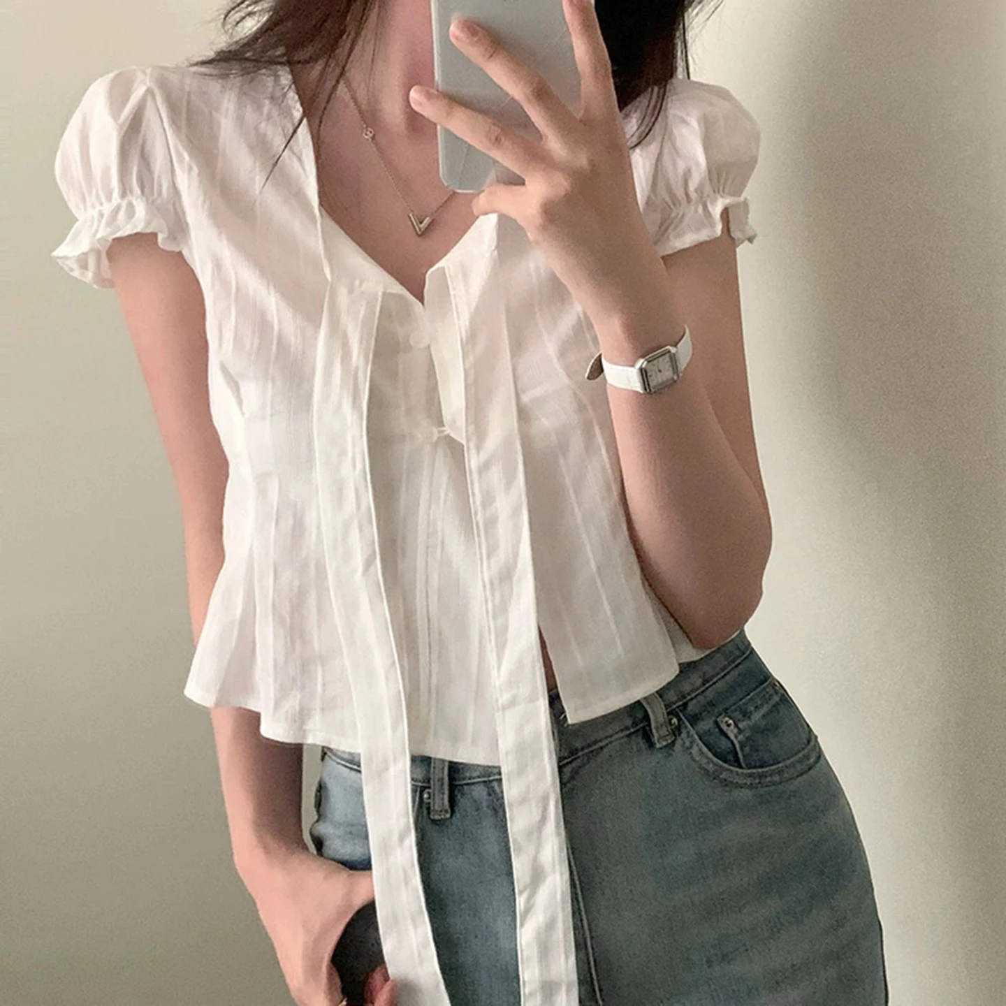 SUCHCUTE Sweet White Puff Sleeve Shirts for Women Cute Bandage Transparent Button-Up Loose Crop Tops Y2K Korean Tops Summer Chic