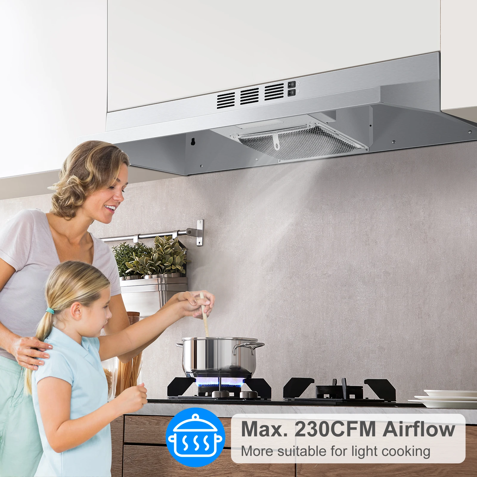 24 Inch Under Cabinet Kitchen Stainless Top Rear Exhaust Vent 2 Speed with LED Bulb Filter Range Hood 5