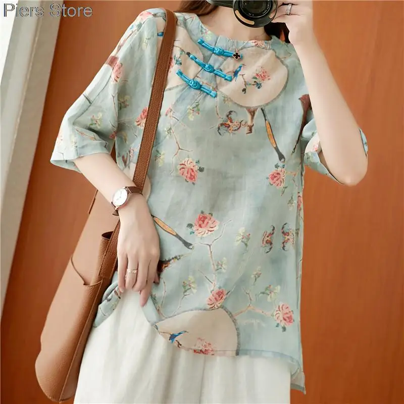 Summer Women Chinese Style Retro Blouse Print Tops Casual Cotton Linen Shirt Traditional Hanfu Elegant Fashion Oriental Clothing