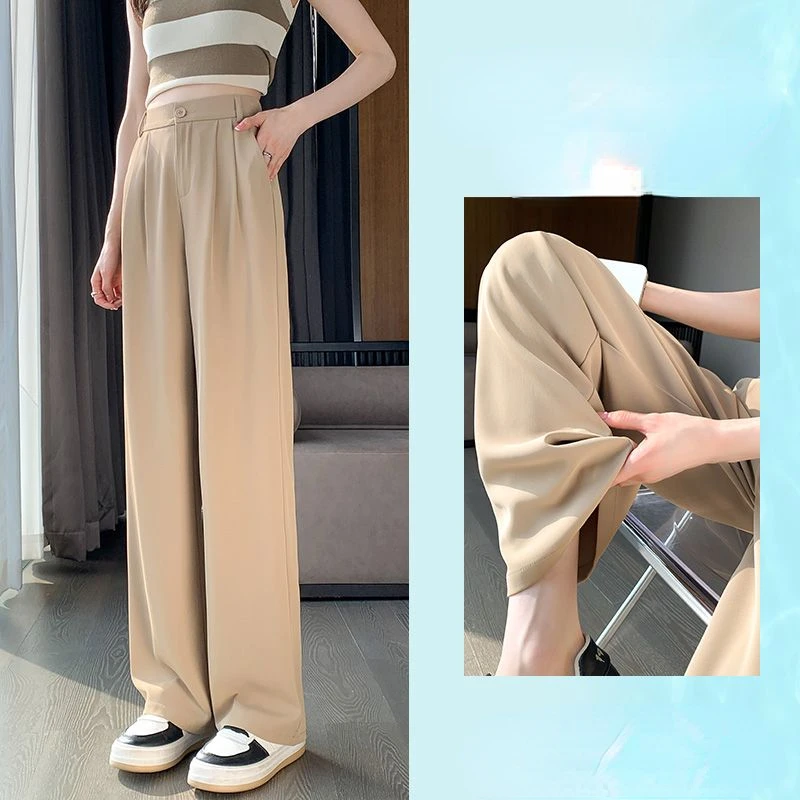 

Women 2023 New Spring Autumn Korean Solid Loose High Waist Long Trouser Office Lady Pockets Wide Leg Trousers Clothing X39