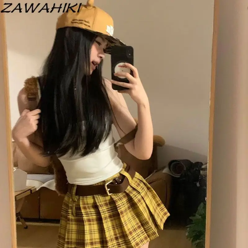 

ZAWAHIKI Y2k Skirt American Retro Pleated High Waist Fashion Casual Vintage Plaid Chic Versatile Sweet Y2K Aesthetic Faldas