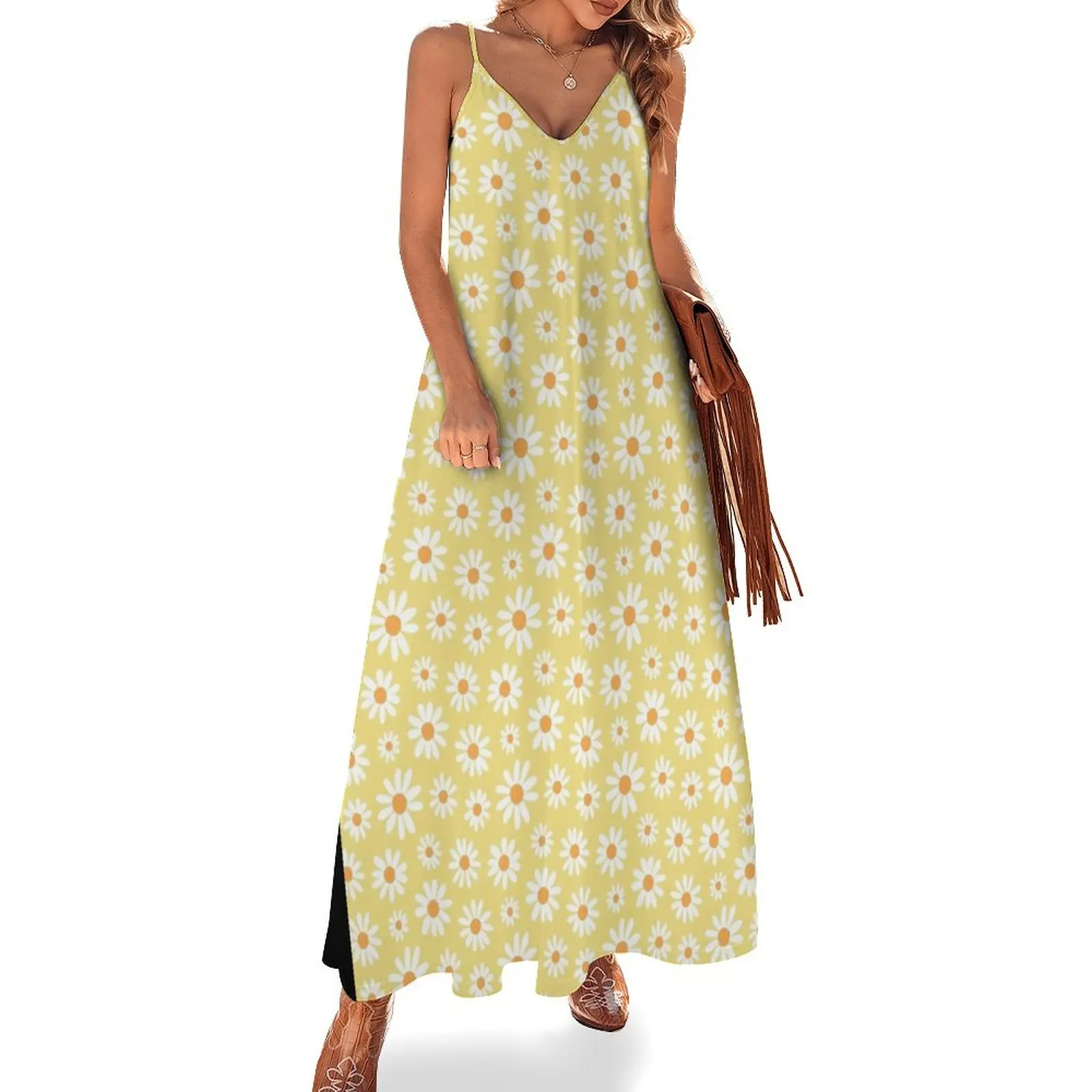 

Spring daisies floral retro pattern on yellow Sleeveless Dress Beachwear Prom gown elegant dresses for women