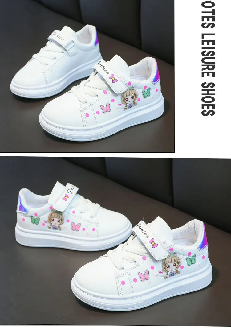 Children' Little White Korean Style Cartoon Girl Print 3-12Y Student Caual Sneaker PU Leather Waterproof Board_voghion.com