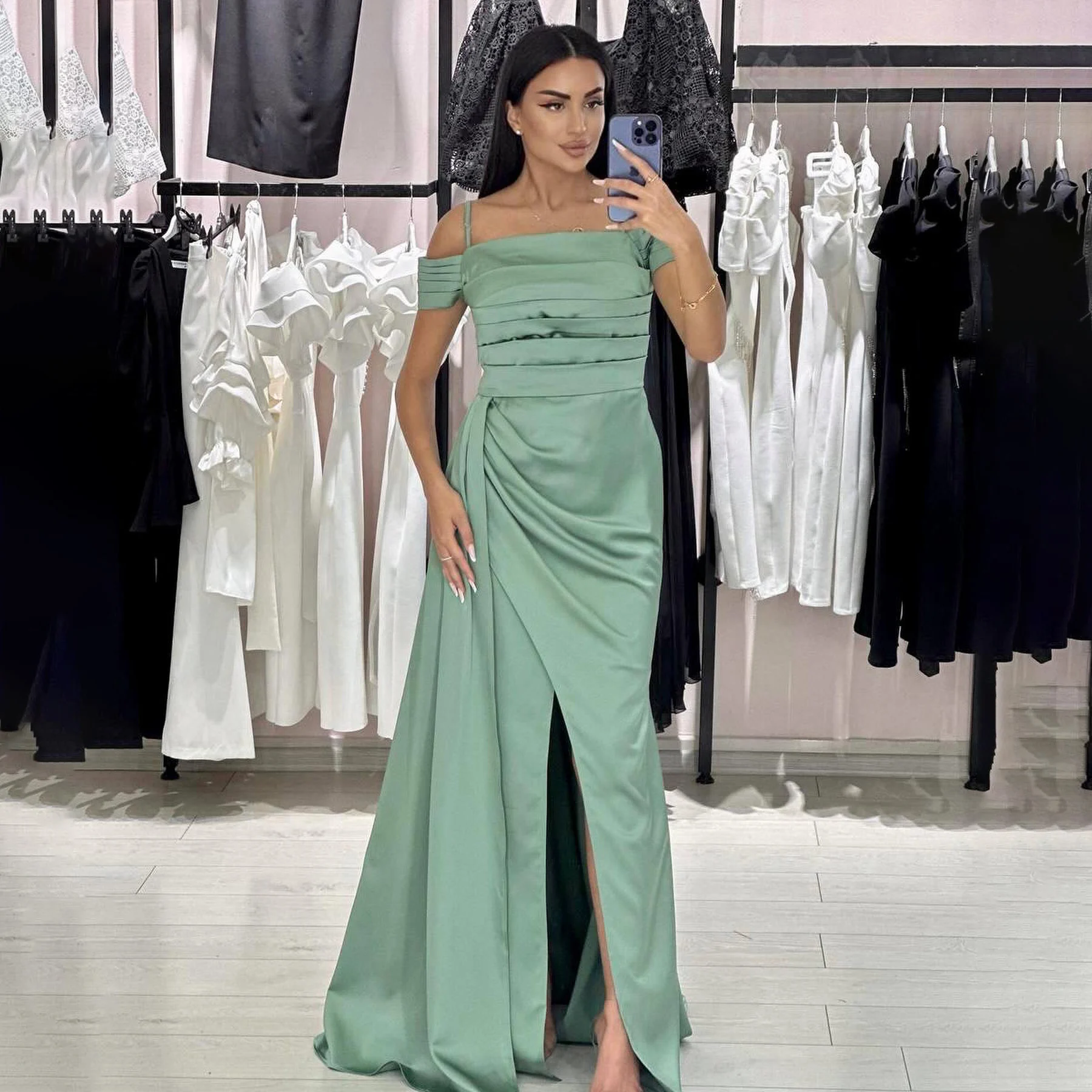 

OEING Off Shoulder Luxury Garden Evening Dresses Pleat Short Sleeves Formal Birthday Floor Length Elegant Prom Gowns Party Women