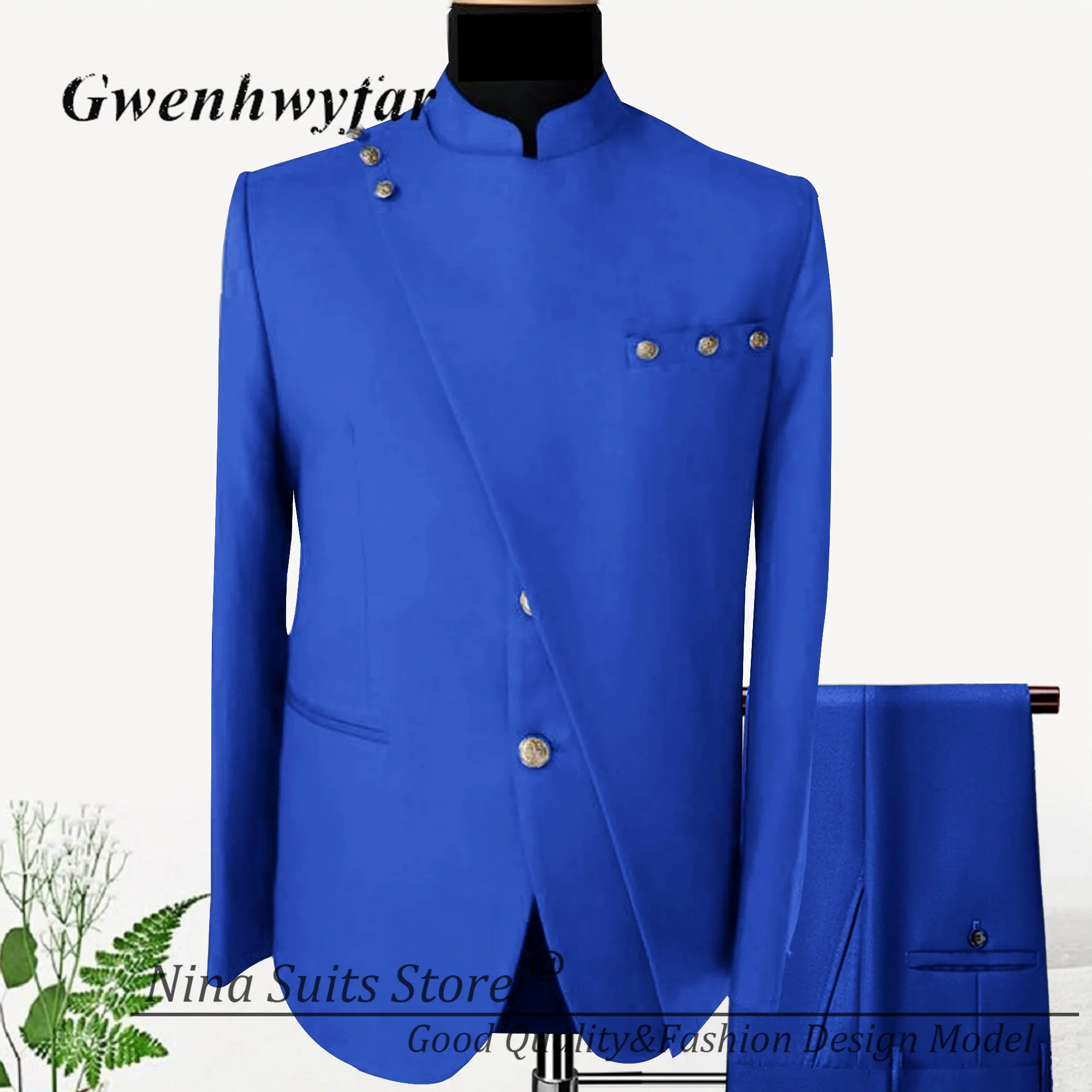 Gwenhwyfar African Design Men Suits Stand Collar Gold Button Patchwork Style Jacket Pant Royal Blue Men Costume