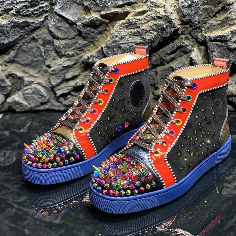 

Luxury Brand Genuine Leather Red Bottoms High Top Rivets Shoes For Men's Casual Flats Loafers Women's Multicolor Spiked Sneakers