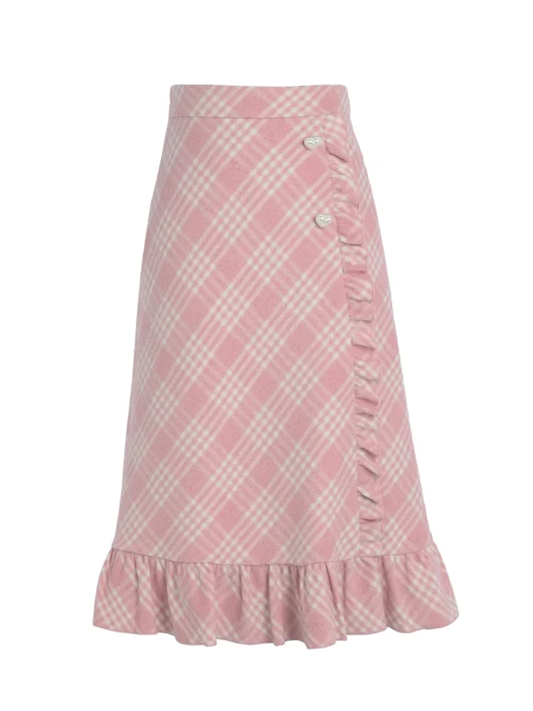 Midi Skirt Pink Plaid Skirt 9mm Japanese Style Sweet Pink Plaid