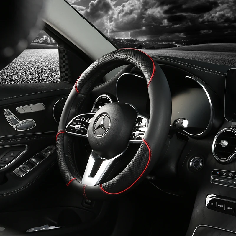 Full Leather Splicing Line Car Steering Wheel Cover Three-dimensional Non-slip Suitable for Car Decoration steering wheel cover