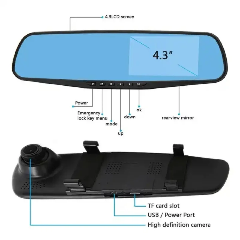 AK47 4.3 Inch HD screen 1080P Car Rearview Camera Wide Angle Lens Mirror Dash Cam