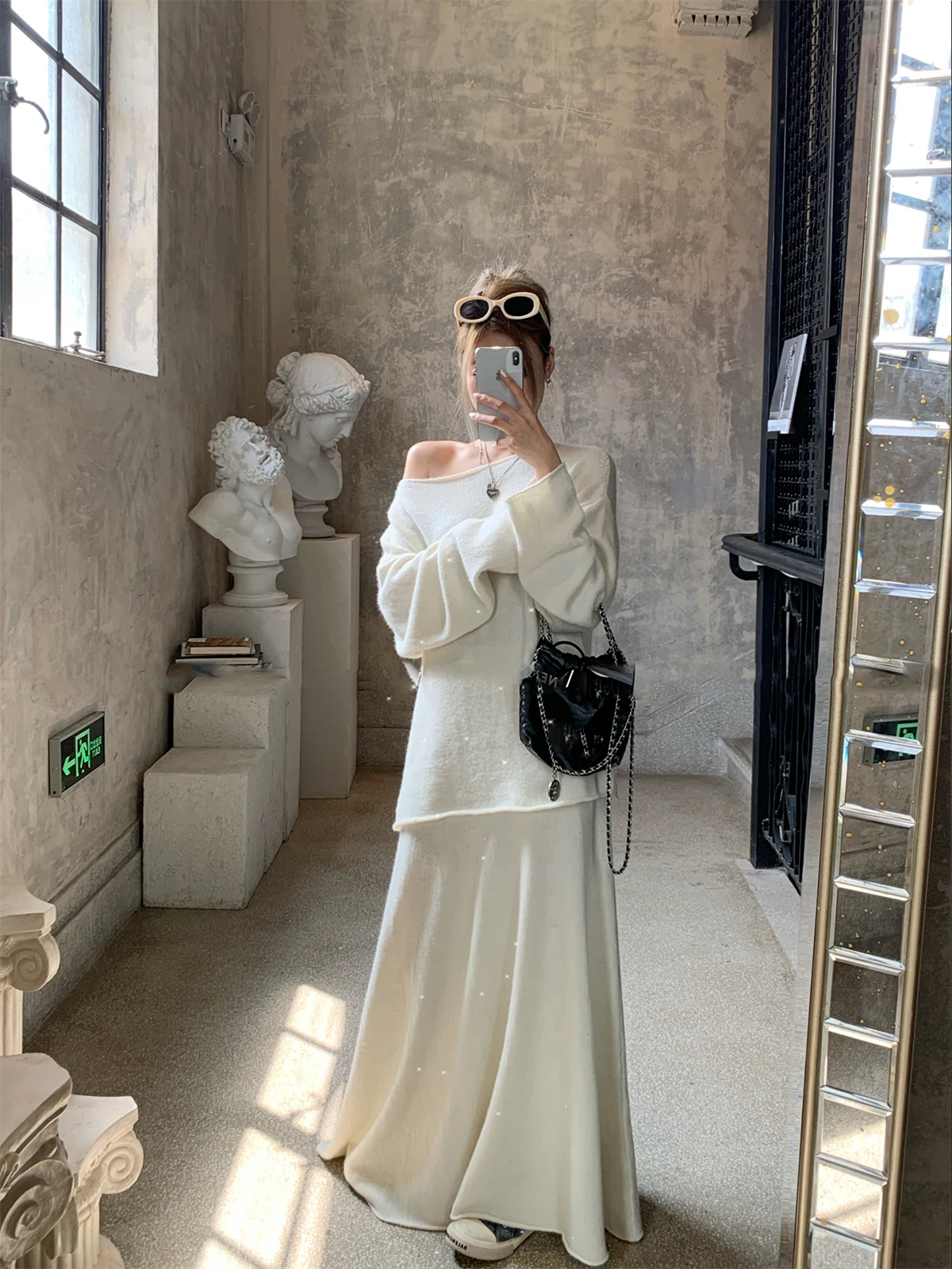 Sexy Soft Elegant Vintage Women Suits 2 Pieces Female Sets Slash Neck Sweater & Midi Dress Bling Knitted TrackSuit