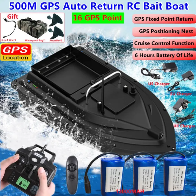 16 GPS Nest Waterproof High Speed Remote Control RC Bait Boat 2KG Loading 500M Fixed-Speed Cruise Night Light RC Fishing Boat 1