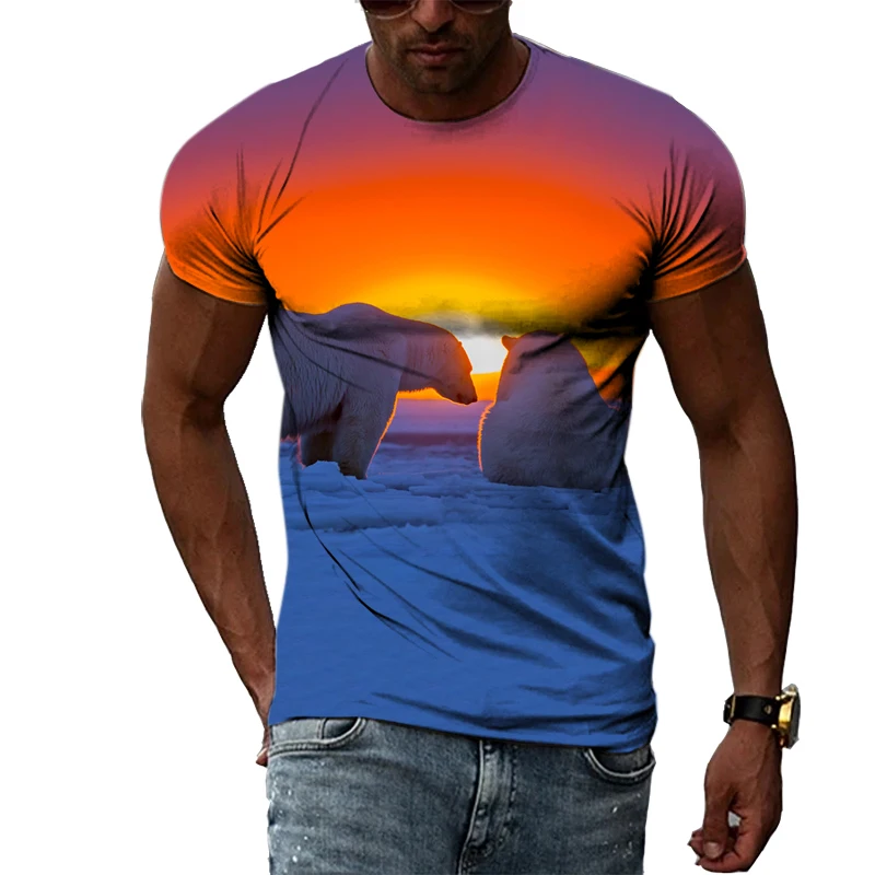 

Summer Fashion Creative Image Men's T-shirt Round Collar Short Sleeve Tops Animal Polar Bear Precious World Leopard Antarctic