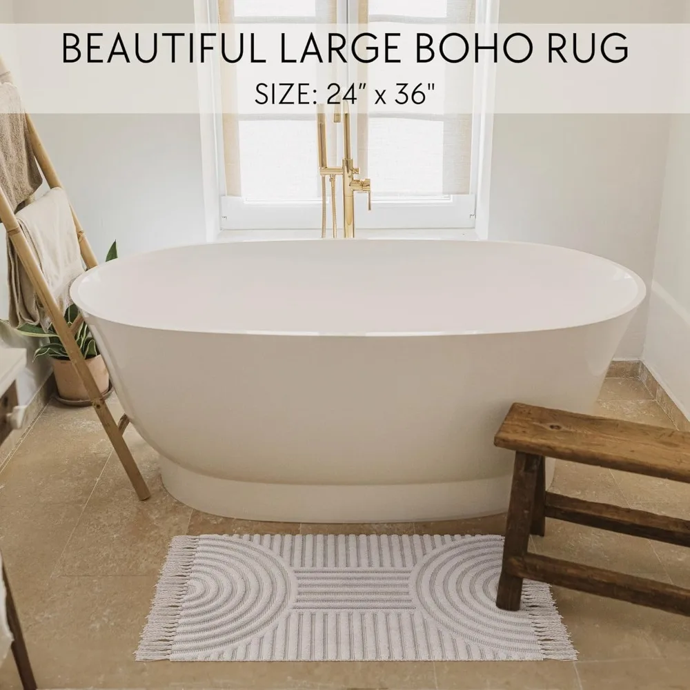 Beautiful Boho Rug with Tassels for Your Bathroom - Soft 2 x 3 ft. Cotton Rug Fits Perfectly Into Your Bath - Washable, Non-Sli